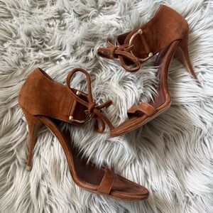GUCCI x TOM FORD Horsebit Suede Sandal Heels Cognac Brown Size 8B